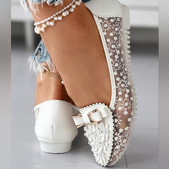 Floral Embroidery White Bowknot Decor Women's Loafers Size 40 US 8.5 - Picture 3 of 4